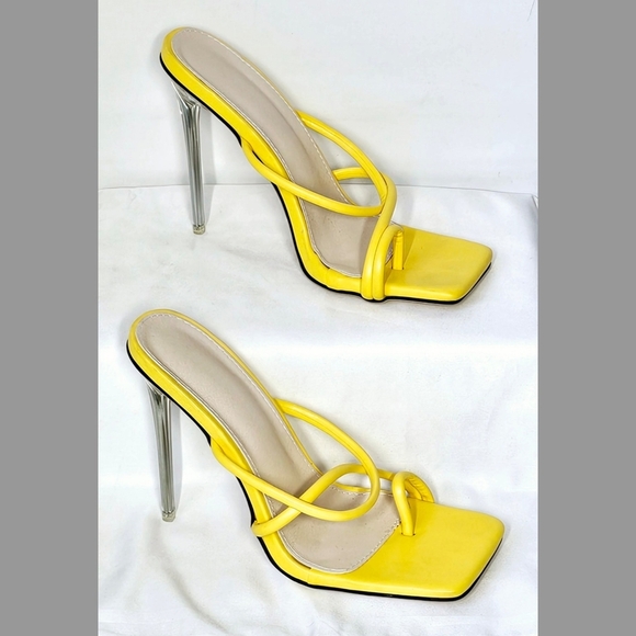 Size 8.5 Bold Yellow Square Toe Heels with Clear Stiletto - Picture 2 of 6